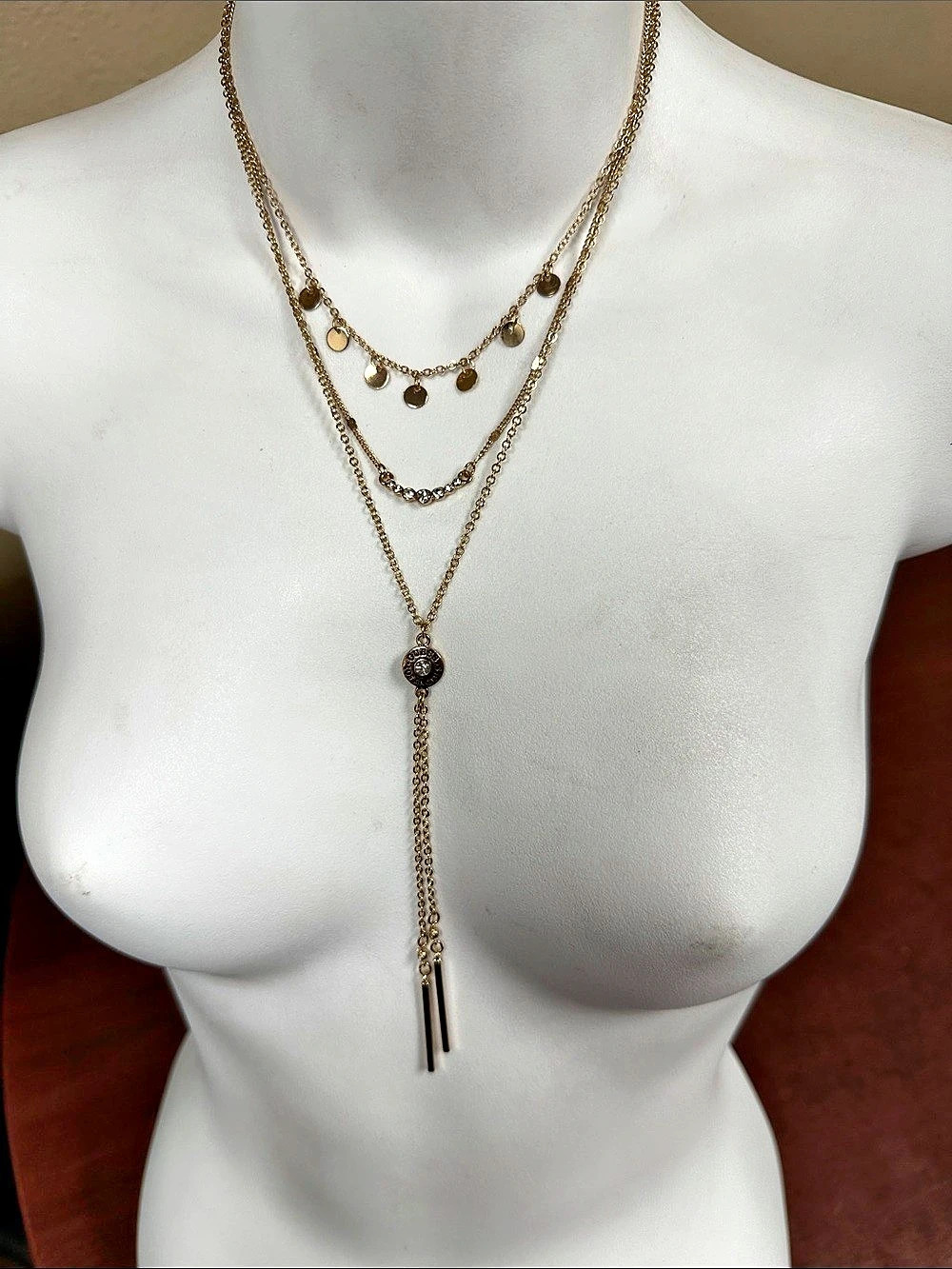 GUESS Gold-Tone Multi-Strand Coin and Crystal Lariat Necklace